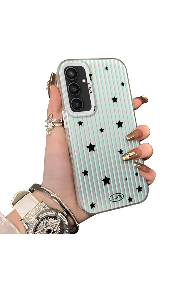 Samsung Galaxy S23 Fe Compatible Edge Striped Black Star Pattern Protective Case Acrylic Hard Back Silicone Edge