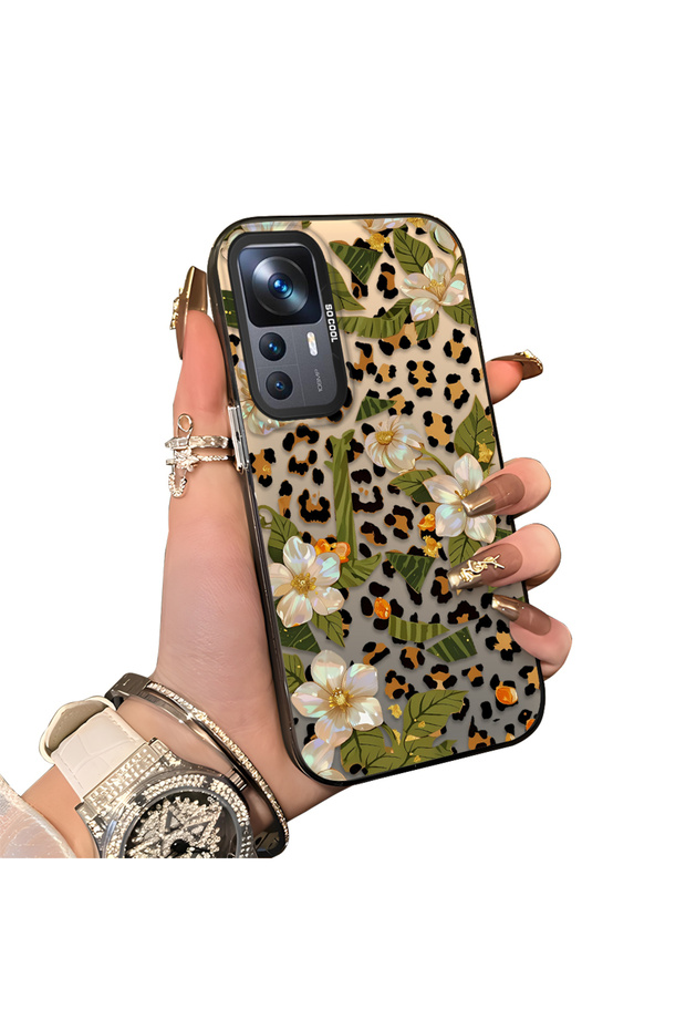 Xiaomi Mi 12T/12T Pro Compatible Aesthetic Floral-Leopard Pattern Case Acrylic Hard Back Silicone Edge