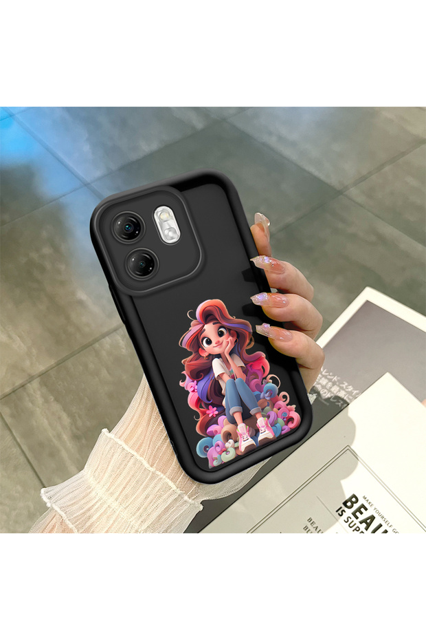Infinix Smart 9 Compatible Black Silicone Case Cute Cartoon Girl Pattern Camera Protected Shock Absorbent Protective Case