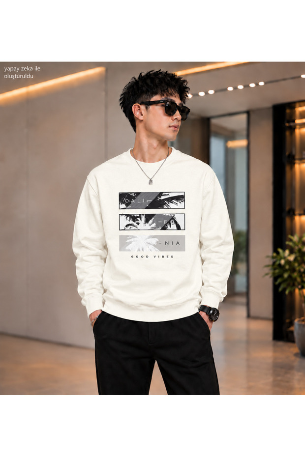 Men's California Good Vibes Palm Tree Printed Crew Neck Casual Regular Fit Sweatshirt