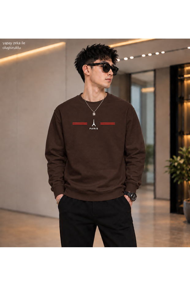 Men's Paris Eiffel Tower Printed Crew Neck Casual Regular Fit Sweatshirt