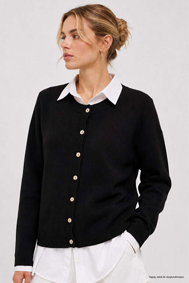 Women's Black Soft Textured Buttoned Knit Sweater