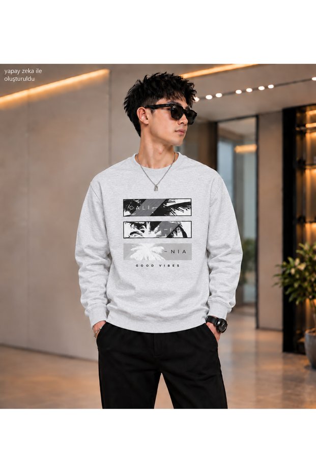 Men's California Good Vibes Palm Tree Printed Crew Neck Casual Regular Fit Sweatshirt
