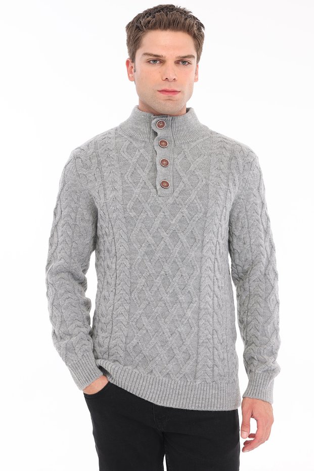 Gray Men's 80% Wool 20% Acrylic Hair Knit and Diamond Pattern Buttoned Stand Collar Knitwear Sweater Trist-5374