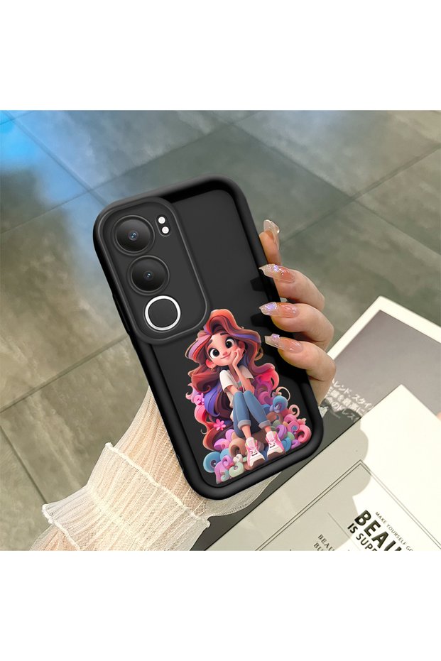 Vivo Y29 5g(V2420) Compatible Black Silicone Case Cute Cartoon Girl Pattern Camera Protected Shock Absorbing Protective Case