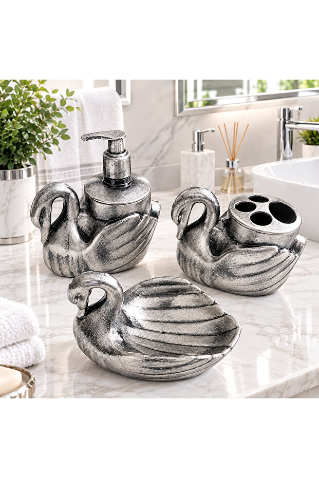 3 Piece Swan Decorative Bathroom Set – Plastic Bathroom Set with Swan Figures with Antique Effect