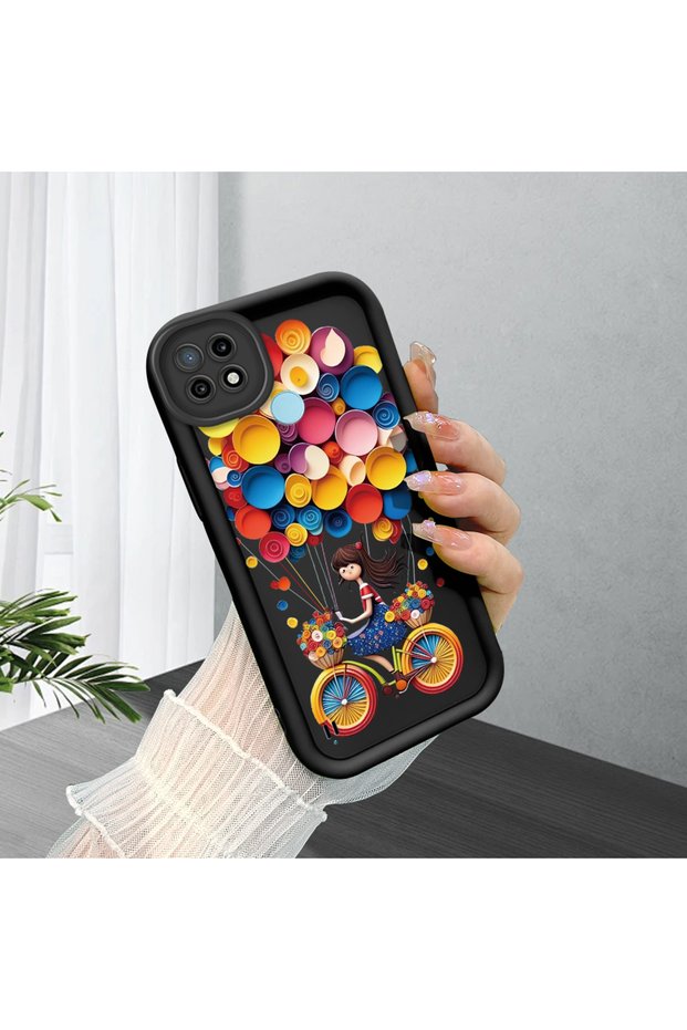 Realme C21 Compatible Black Silicone Bicycle Girl Balloon Patterned Camera Protected Shock Absorbing Protective Case