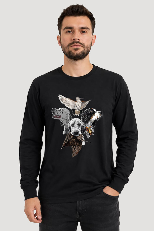 Hunting English Setter Pointer Hunting Dog and Retriever Printed Crew Neck Long Sleeve 24/1 T-Shirt