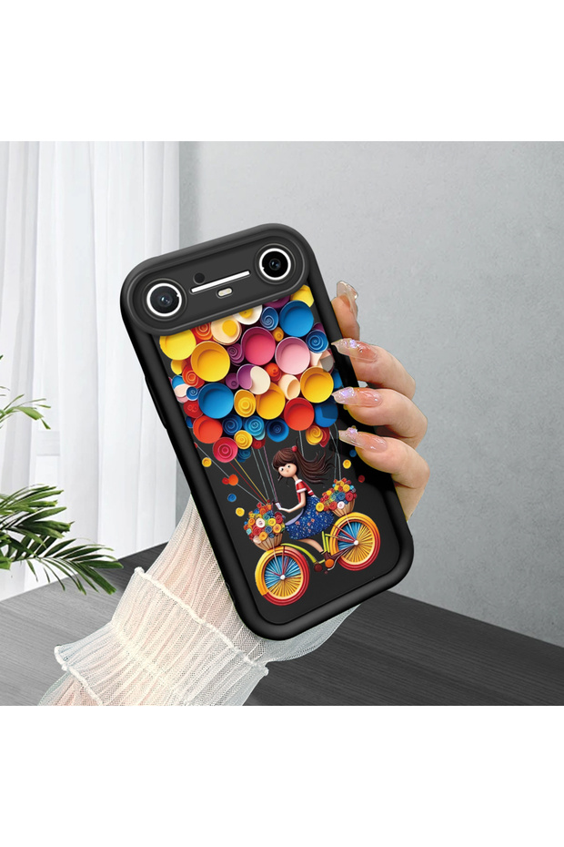 Tecno Spark Slim/Pova Slim Compatible Black Silicone Bicycle Girl Balloon Pattern Camera Protected Shock Absorbing Protective Case