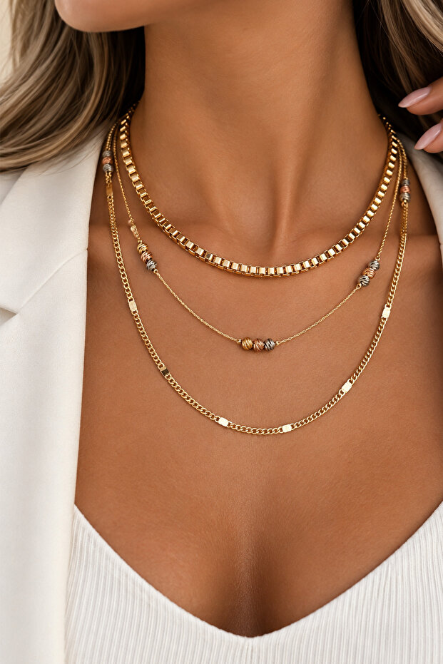 Gold Yellow Three Color Dorika Bead Detailed 3-Piece Necklace Set