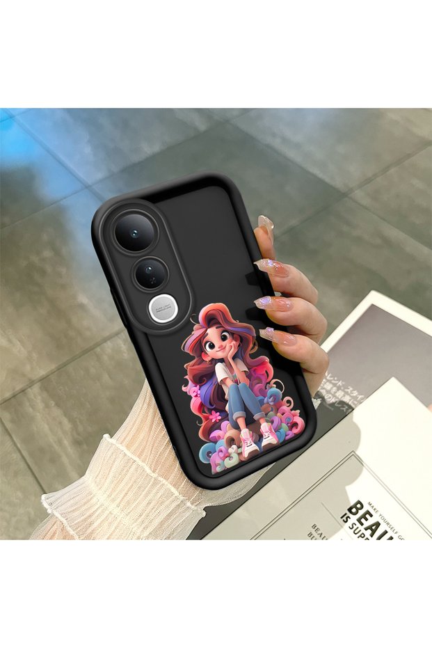 For Vivo V50 Lite 4G/5G Compatible Black Silicone Case Cute Cartoon Girl Pattern Camera Protection Shock Absorption Protective Case