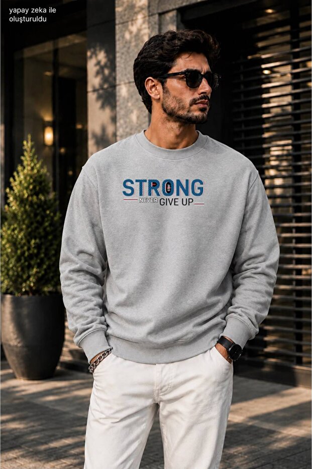 Men's Stay Strong Never Give up Motto Crew Neck Casual Regular Fit Sweatshirt