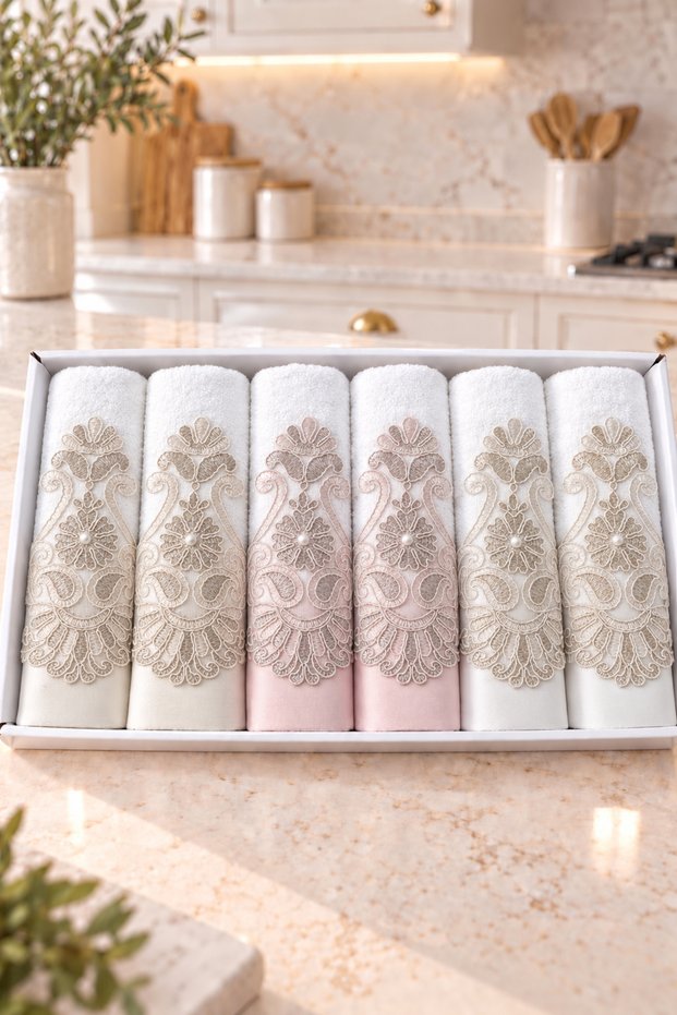 Pearl Laced Embroidered Gift Dowry Box for Bride and Groom, Boxed 100% Cotton Kitchen Towel Set, Foil Model 30×50 Size 6 Pieces
