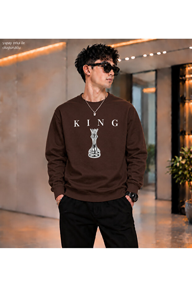 Men's King Chess King Figure Printed Crew Neck Casual Regular Fit Sweatshirt