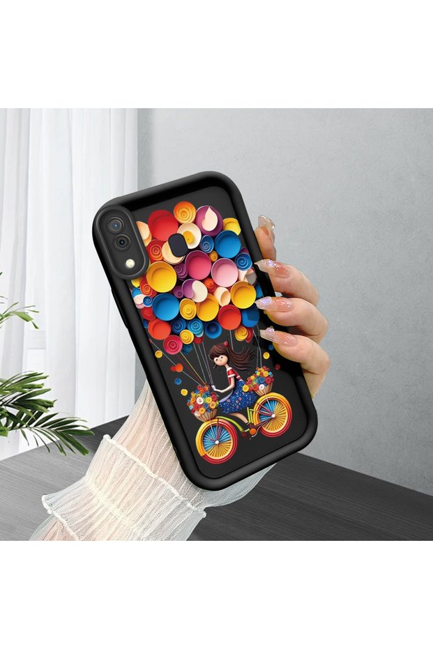 Samsung Galaxy A20/A30 Compatible Black Silicone Bicycle Girl Balloon Pattern Shock-Absorbing Protective Case with Camera Protection