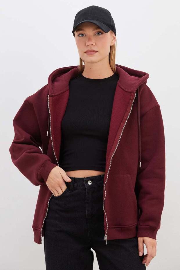 3 Thread Basic Zippered Hooded Oversize Sweatshirt