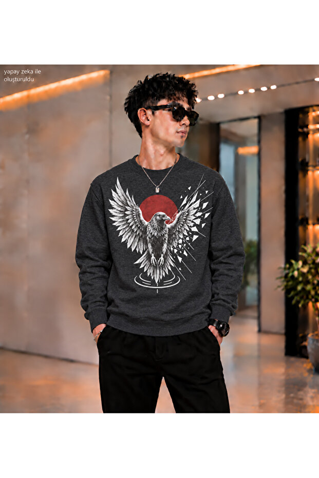 Men's Raven Crow Printed Crew Neck Casual Regular Fit Sweatshirt