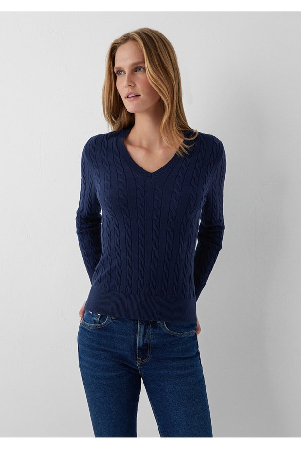V-Neck Slim Fit Hair-Knit Woven Women's Knitwear Sweater.