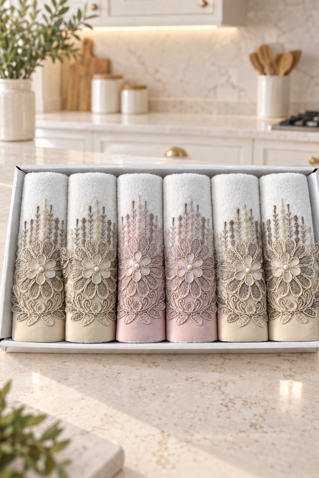 Pearl Laced Embroidered Gift Dowry Box for Bride and Groom, Boxed 100% Cotton Kitchen Towel Set, Floral Model 30×50 Size, 6 Pieces