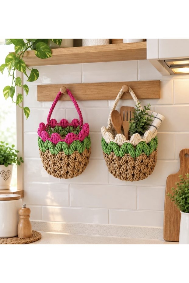 Handwoven Wicker, Pink and Green Detailed 2-Piece Hanging Basket / Kitchen Organizer / Wall Decoration