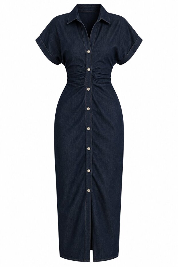 Navy Blue Draped Multi-Button Denim Dress - 2Y8198