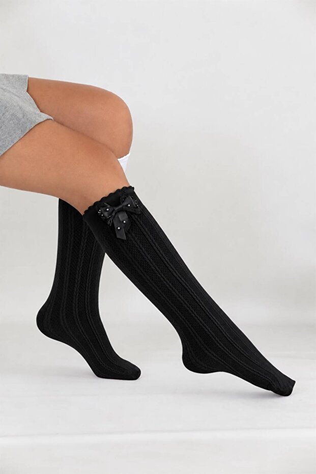 Aslı Girl's Black Self-Patterned Knee-High Socks with Accessories