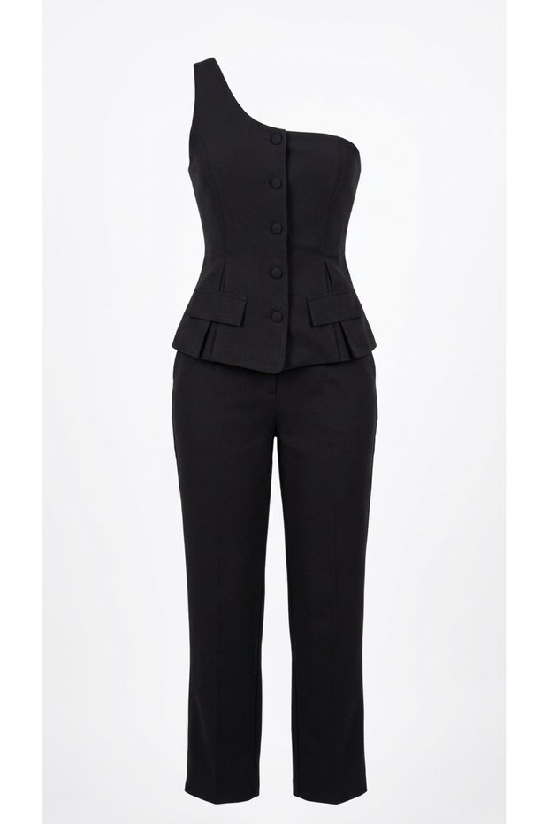Black One-Shoulder Blazer Suit