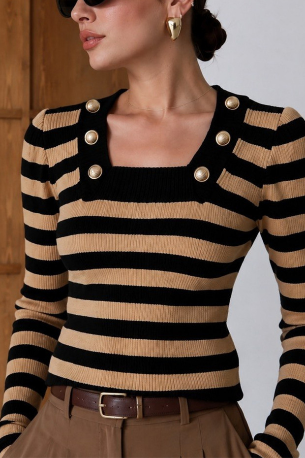 Women's Square Collar Gold Button Detailed Ribbed Knit Sweater