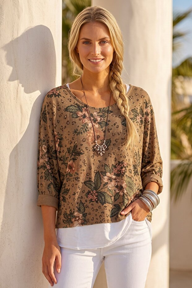 Italian Necklace-Style Triple Set Camel Pool Collar Bat Sleeve Patterned Ruffled Sleeve End Knitwear Blouse 70 60