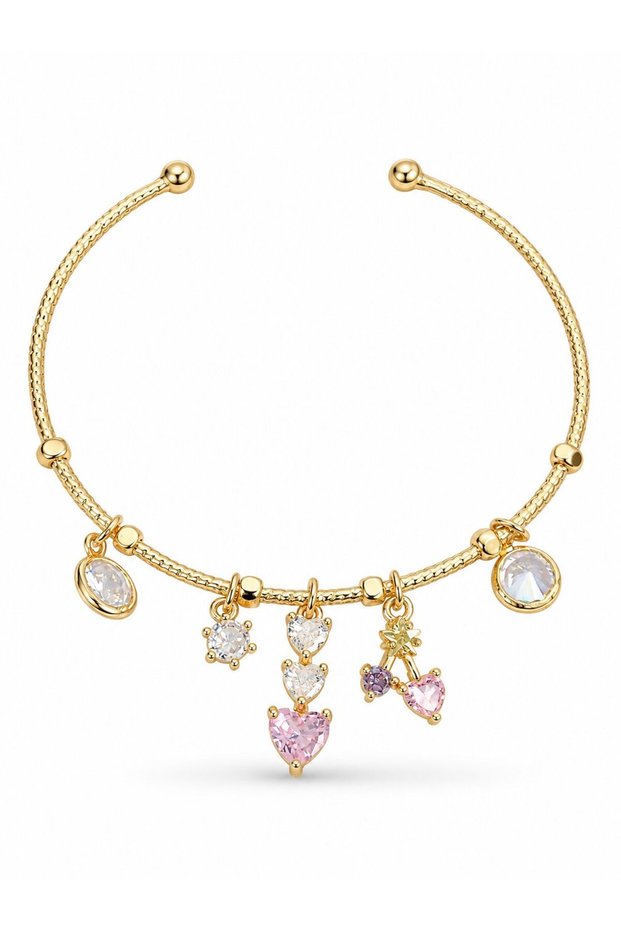 Brass Gold Color Hanging Zircon Stone Heart Figure Pink Heart Detail Charm Women's Bracelet