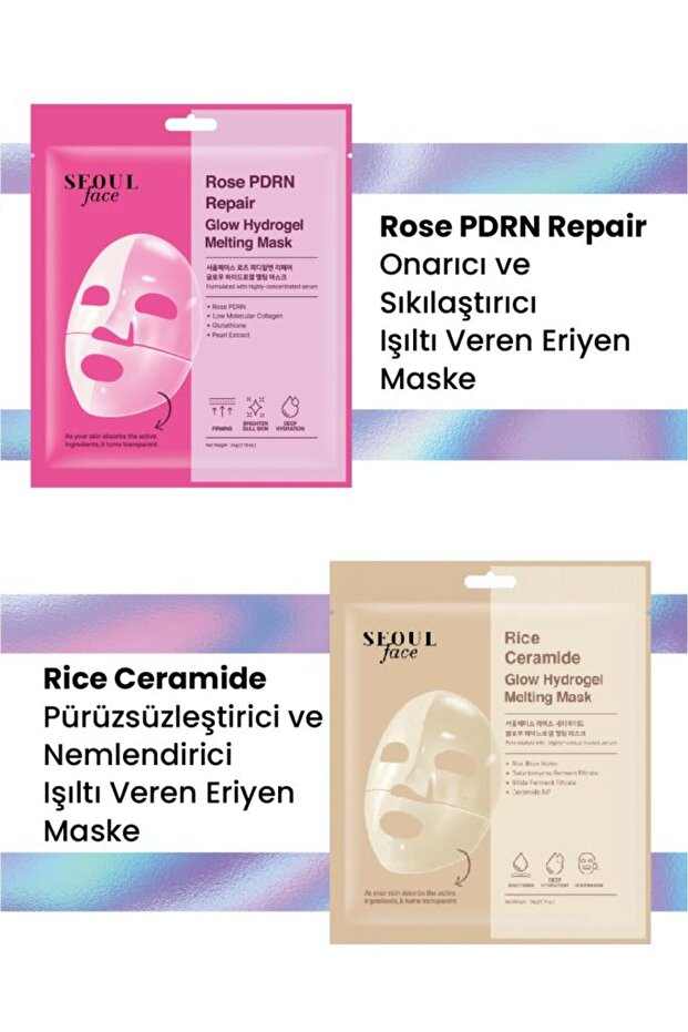 Seoul Face Gül Rose Pdrn Repairing Glow Hydrogel Mask and Rice Melting Mask