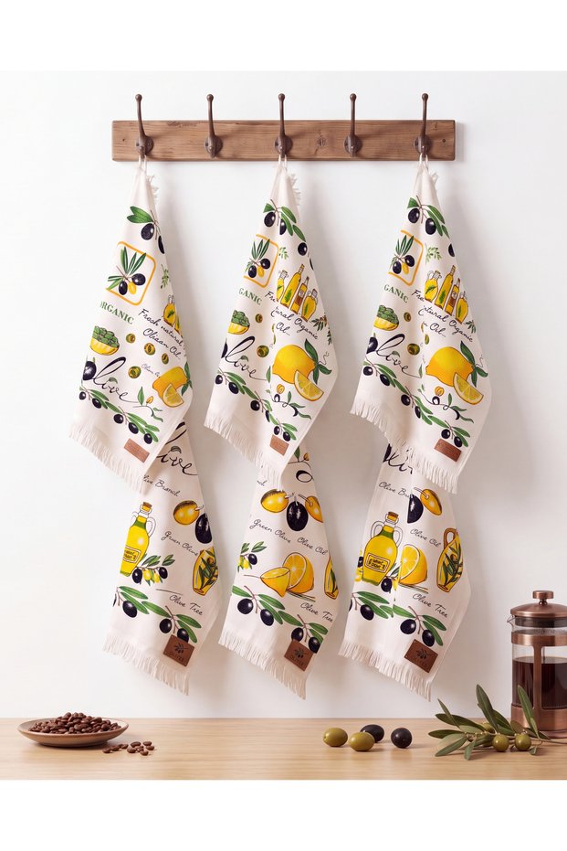 Olive Set of 6 Cotton Velvet Kitchen Towels – 45×65 cm Cream