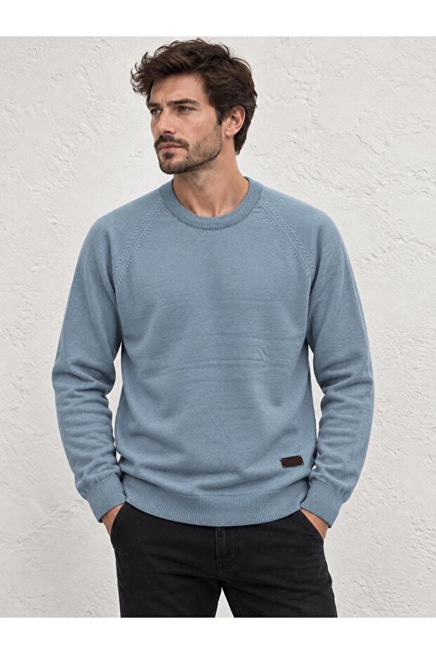 Men's Blue Crew Neck Corspan Rope Basic Knitwear