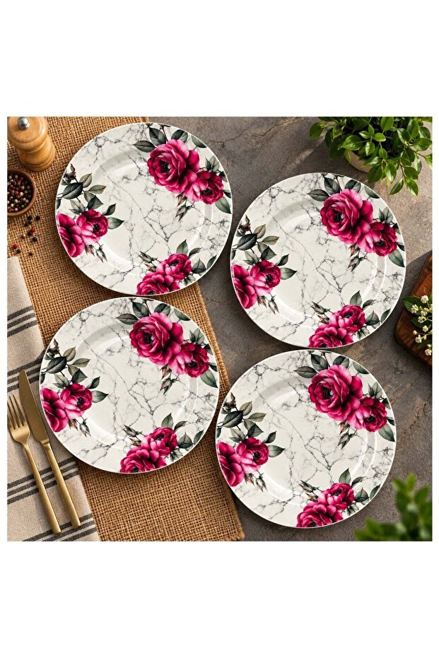 11 Inch Deep Plate Set of 4, Crimson Rose Floral Design Dinner Plates, 28 cm Large Soup Pasta Curry Serving Plates for Home Kitchen Dining