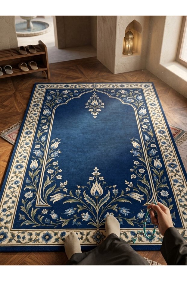 Navy Blue Tulip Patterned Prayer Rug - Dowry and Gift Prayer Rug