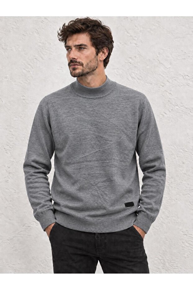Men's Gray Melange Half Fisherman Corspan Basic Knitwear