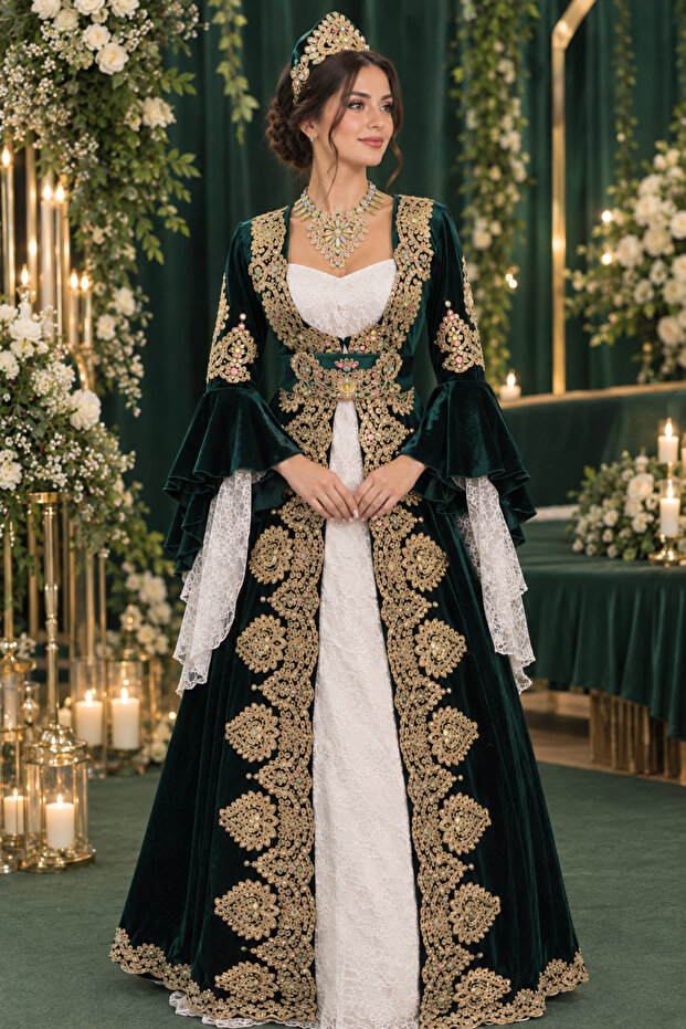 Green Gold Velvet Kaftan with Bindall
