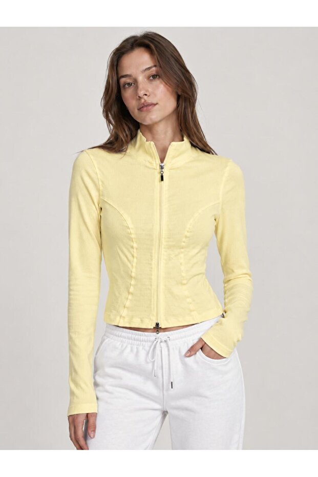Women's Yellow Front Double Zipper Camisole Blouse with Stitching Detail