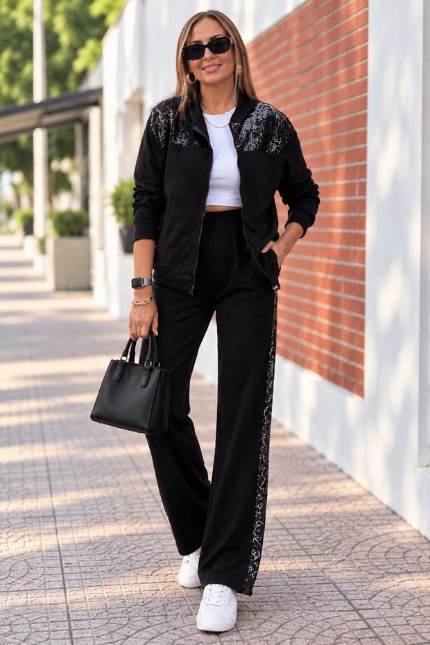 City Shine – Women's Zippered Stone Detailed Top and Wide Leg Pants Two-Piece Set