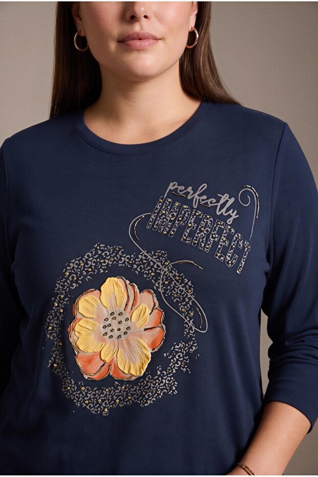 Special Printed Plus Size Knitwear Blouse Navy Blue
