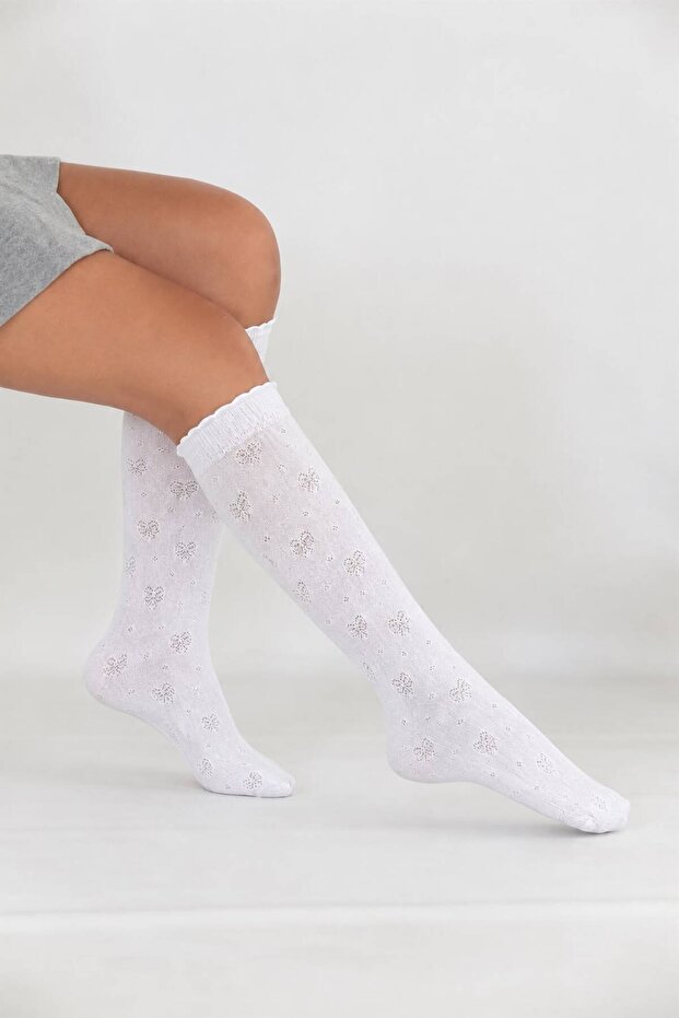 Children's Cute Patterned Mousse Knee Socks White