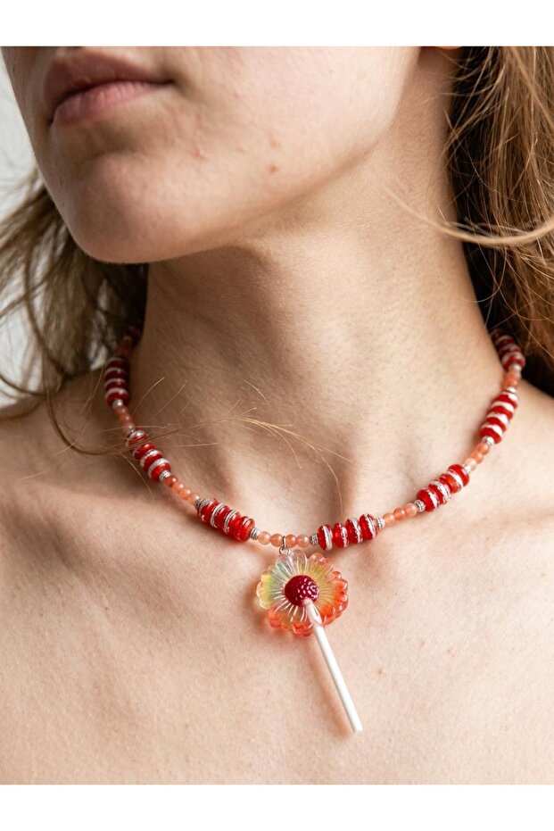 Red Glass Beaded, Resin Lollipop Flower Pendant Detailed Necklace