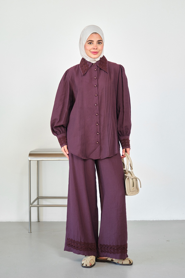 Women's Shirt Suit with Embroidery Detail on Collar and Sleeves, Burgundy