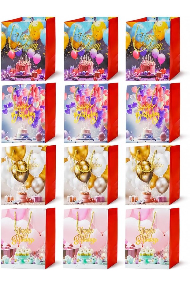 12 Pc Gift Bags Medium 32x26 cm Happy Birthday Party Favor Bags with Handles for Goodie Bags for Adults Presents and Kids Birthday Partie