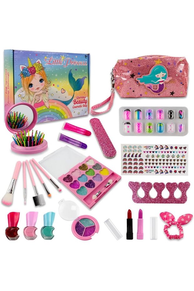 Mermaid Kids Makeup Set Girls Cosmetics Vanity Case with Storage Bag 15 Colors Eyeshadow Glitter 3 Nailpolish Nail Stickers Kids Press On Nails Girls 5 and Up Girls Gift Birthday