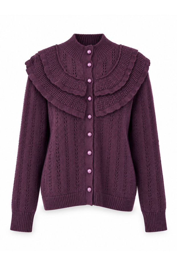 Maisie Ruffle Detailed Pearl Buttoned Knitwear Cardigan Women's Plum