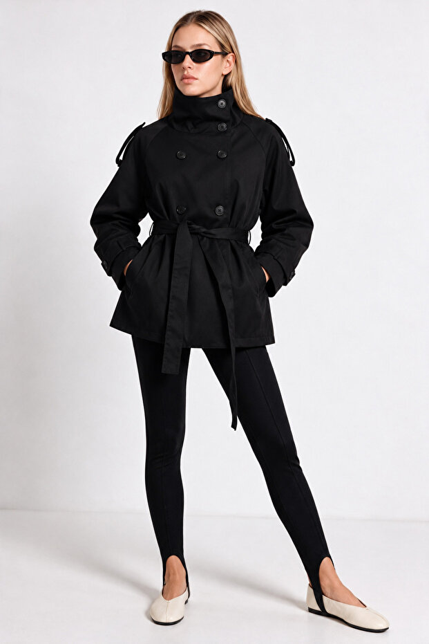 High Collar Belted Trench Coat Lgx0020 Black