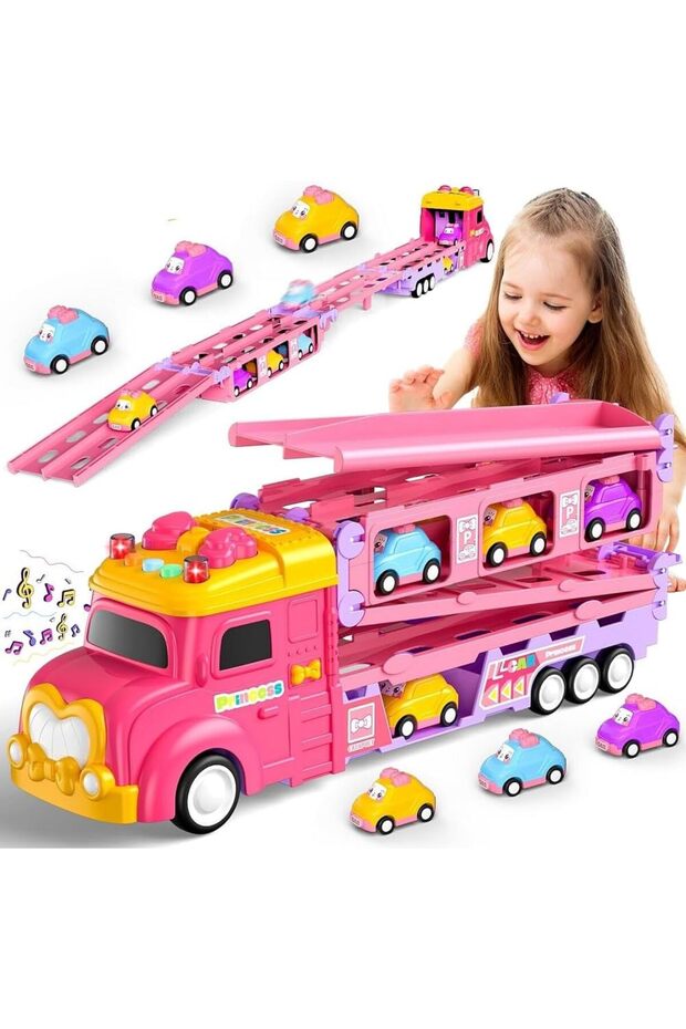 Princess Transformer Transport Truck Toy for Girls Pink Vehicle Set with 6 Mini Cars Foldable Race Track 2 Player Game Light & Sound Push Truck