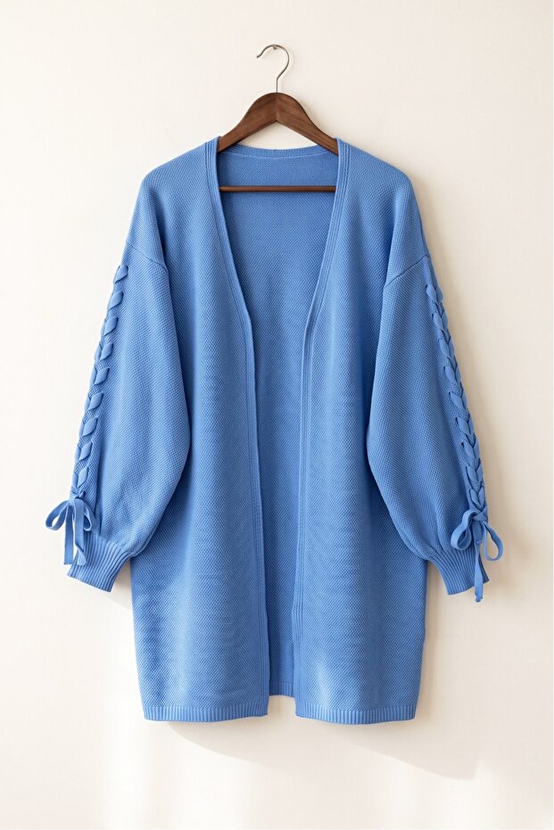Knitted Cardigan with Handle Hair Braid Ribbon - Blue