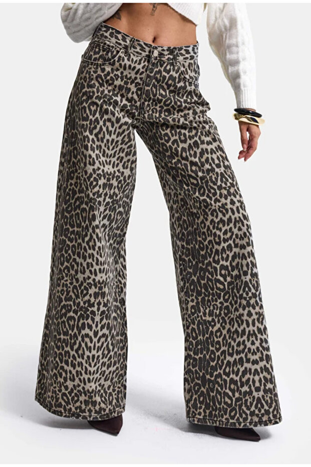 Palazzo Fit Leopar Desen Denim Jean